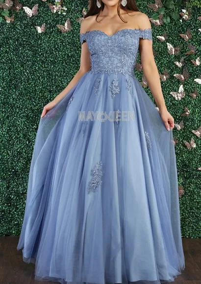 Off the shoulder long lace applique dress, hunter, pink, blue