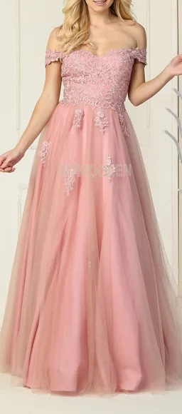 Off the shoulder long lace applique dress, hunter, pink, blue