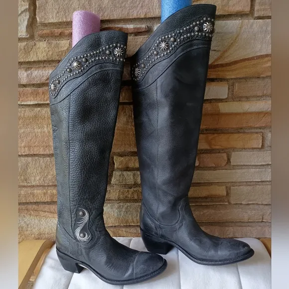 Old Gringo Black Knee-High Leather Boots with Embellishments_7.5