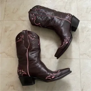 Old Gringo Brown and Pink Heeled Boots with Intricate Stitching and Pointed Toe