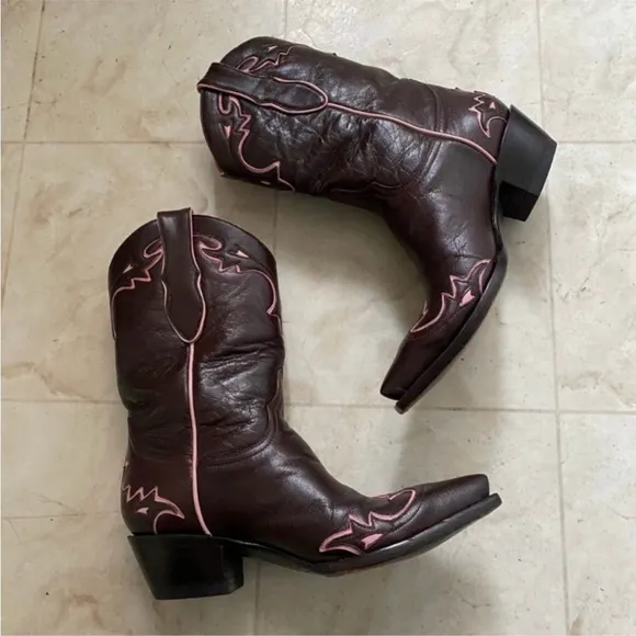 Old Gringo Brown and Pink Heeled Boots with Intricate Stitching and Pointed Toe