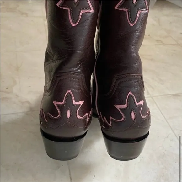 Old Gringo Brown and Pink Heeled Boots with Intricate Stitching and Pointed Toe