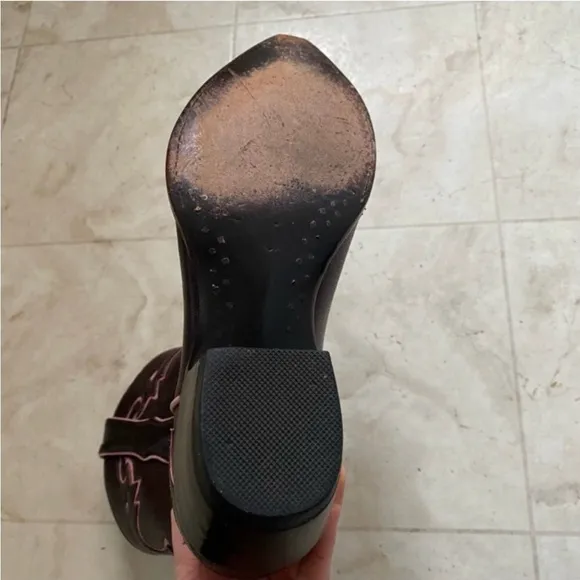 Old Gringo Brown and Pink Heeled Boots with Intricate Stitching and Pointed Toe