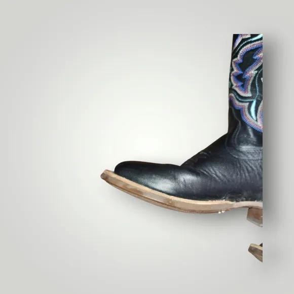 Old West Youth Size 1.5 D Black Leather Cowboy Western Boots Multi Color