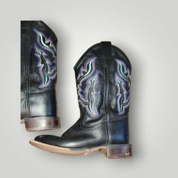 Old West Youth Size 1.5 D Black Leather Cowboy Western Boots Multi Color