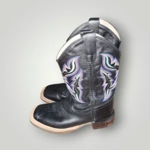 Old West Youth Size 1.5 D Black Leather Cowboy Western Boots Multi Color