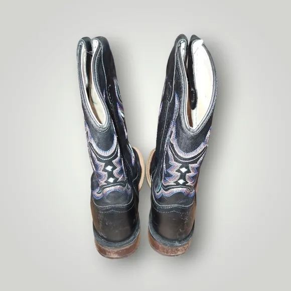 Old West Youth Size 1.5 D Black Leather Cowboy Western Boots Multi Color