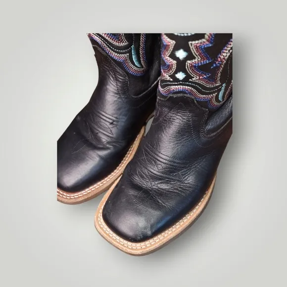 Old West Youth Size 1.5 D Black Leather Cowboy Western Boots Multi Color