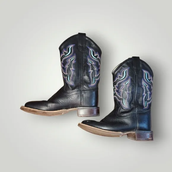Old West Youth Size 1.5 D Black Leather Cowboy Western Boots Multi Color