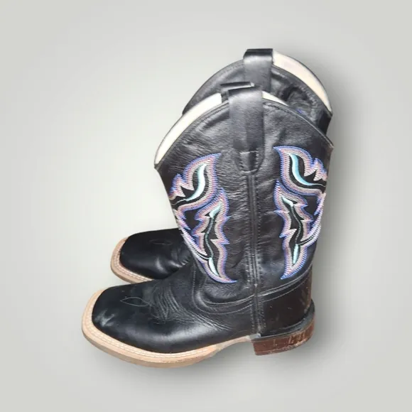 Old West Youth Size 1.5 D Black Leather Cowboy Western Boots Multi Color