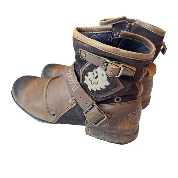 OTTO ZONE Cowboy/Motorcycle Boots, Brown Leather, Side Zippers, Buckles, Sz 11.5