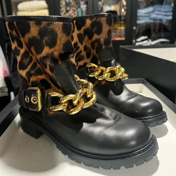 Outrageous Giuseppe Zanotti calf hair leopard motorcycle boots sz 7