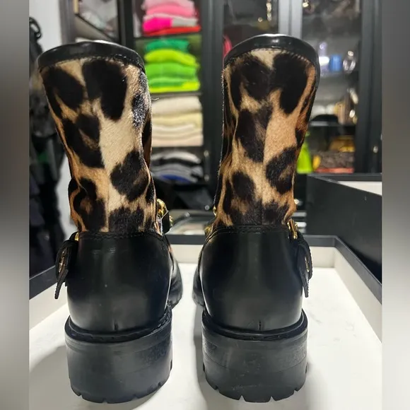 Outrageous Giuseppe Zanotti calf hair leopard motorcycle boots sz 7