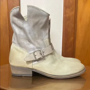 Pantanetti Cream Iridescent Heeled Boots Buckle Western Flair Made in Italy 8.5