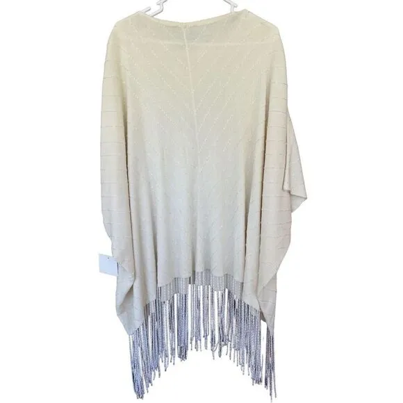 Patti LaBelle Womens Beige Boatneck Metallic Thread Missy Fringe Poncho One Size