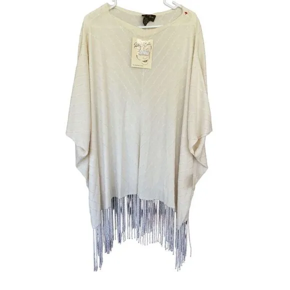 Patti LaBelle Womens Beige Boatneck Metallic Thread Missy Fringe Poncho One Size