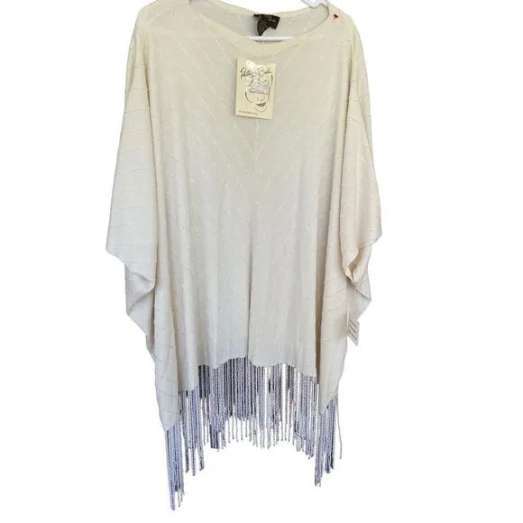 Patti LaBelle Womens Beige Boatneck Metallic Thread Missy Fringe Poncho One Size