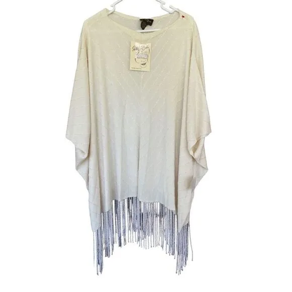 Patti LaBelle Womens Beige Boatneck Metallic Thread Missy Fringe Poncho One Size