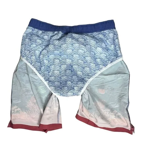 Peter Millar Swim Trunks Men’s L Blue Shorts Ocean Fish Island Shark Boat Beach