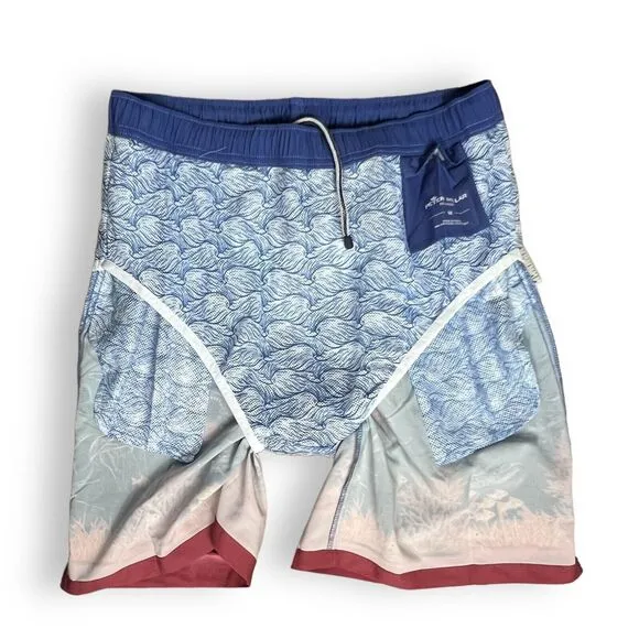 Peter Millar Swim Trunks Men’s L Blue Shorts Ocean Fish Island Shark Boat Beach