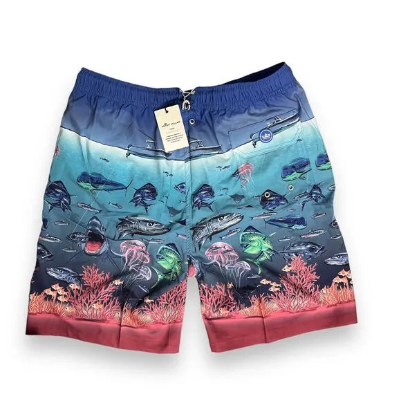 Peter Millar Swim Trunks Men’s L Blue Shorts Ocean Fish Island Shark Boat Beach