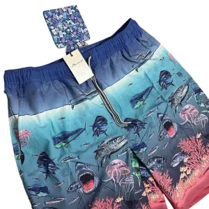 Peter Millar Swim Trunks Men’s L Blue Shorts Ocean Fish Island Shark Boat Beach