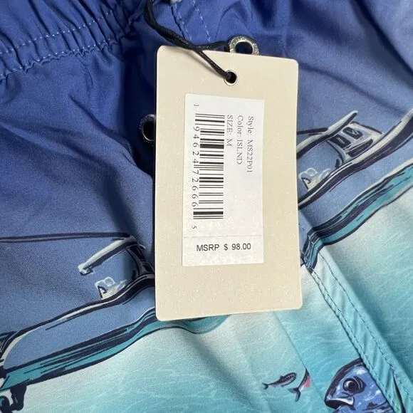 Peter Millar Swim Trunks Men’s M Blue Shorts Ocean Fish Island Shark Boat Beach