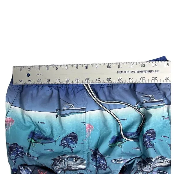 Peter Millar Swim Trunks Men’s M Blue Shorts Ocean Fish Island Shark Boat Beach