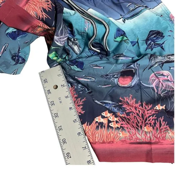 Peter Millar Swim Trunks Men’s M Blue Shorts Ocean Fish Island Shark Boat Beach