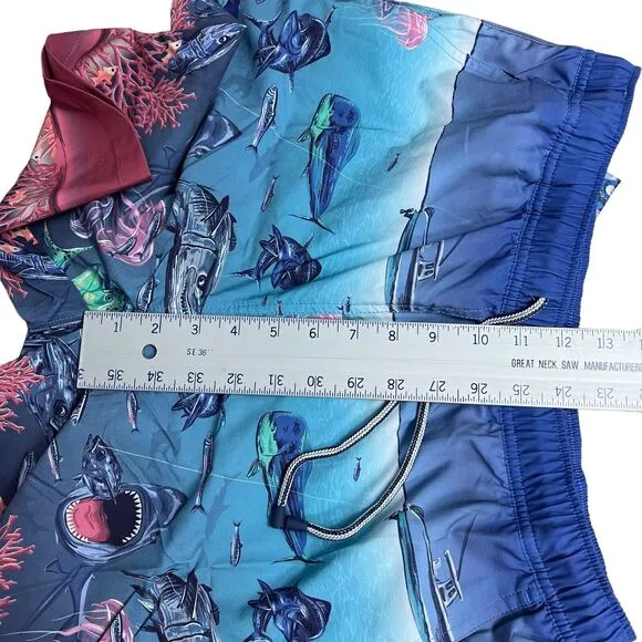 Peter Millar Swim Trunks Men’s M Blue Shorts Ocean Fish Island Shark Boat Beach