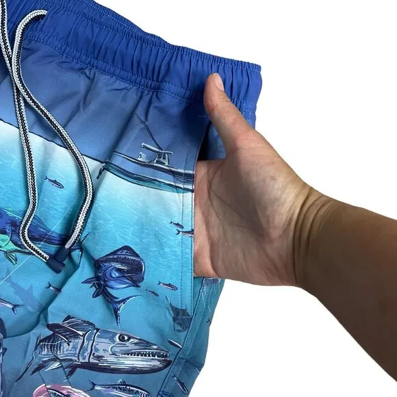 Peter Millar Swim Trunks Men’s M Blue Shorts Ocean Fish Island Shark Boat Beach