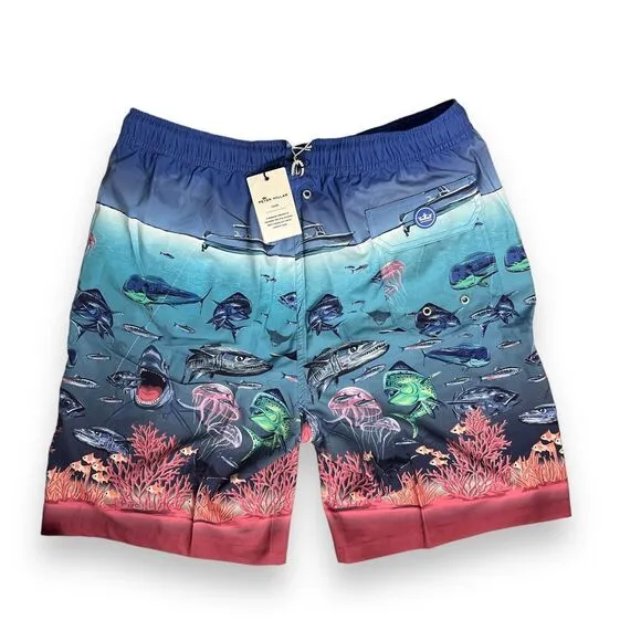 Peter Millar Swim Trunks Men’s XL Blue Shorts Ocean Fish Island Shark Boat Beach