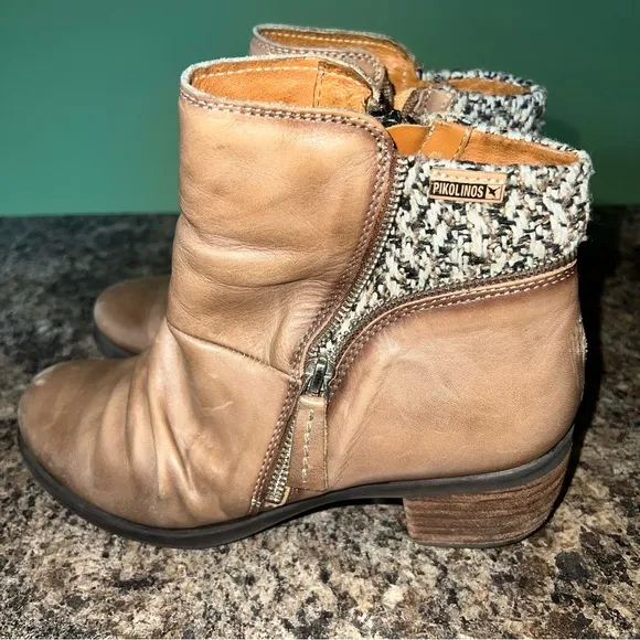 Pikolinos Leather Scrunch Ankle Boots With Knit Accent Trim Size 38.