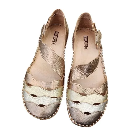 PIKOLINOS Metallic Flats Ladies 38 Shoes Velcro Straps Mary Jane Ballet Soft