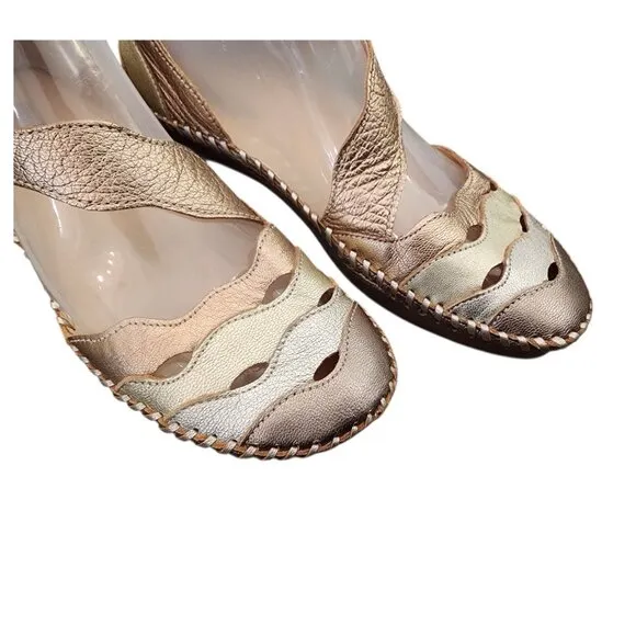 PIKOLINOS Metallic Flats Ladies 38 Shoes Velcro Straps Mary Jane Ballet Soft