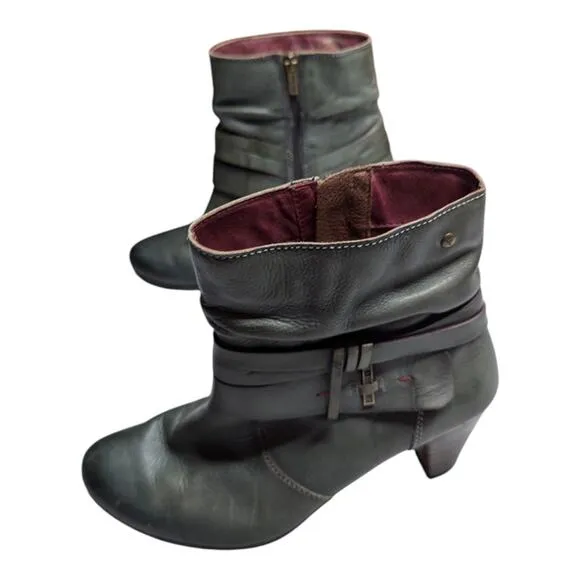 Pikolinos Verona Sage Green Leather Strap Accent Block Heel Ankle Boots 41 10.5