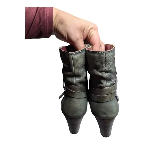 Pikolinos Verona Sage Green Leather Strap Accent Block Heel Ankle Boots 41 10.5