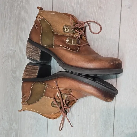 Pikolinos Women Le Mans calfskin Leather stack Heels Boots shoes sz 37/6.5-7