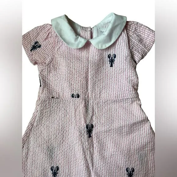 PIPING PRINTS Pink Dress Navy Embroidered Lobsters Peter Pan Collar SZ 18-24M