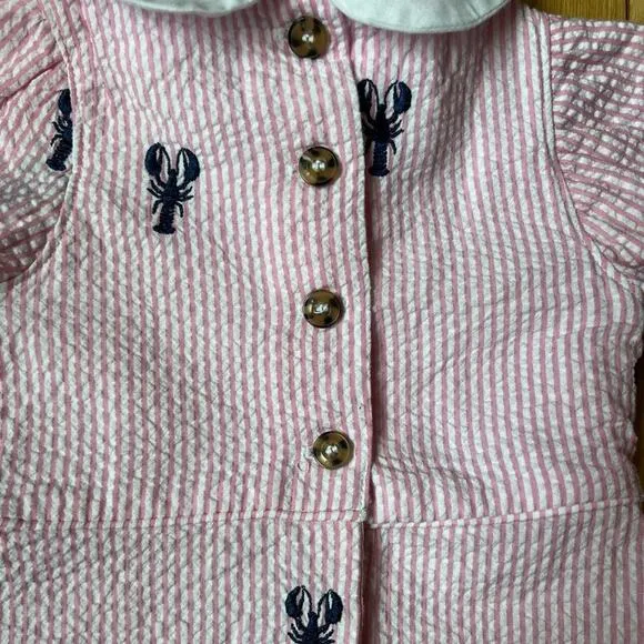 PIPING PRINTS Pink Dress Navy Embroidered Lobsters Peter Pan Collar SZ 18-24M