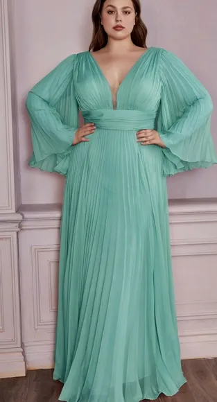 Plus size long sleeve chiffon pleated semi open back new long dress