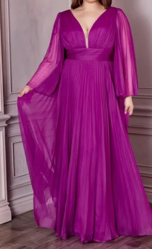 Plus size long sleeve chiffon pleated semi open back new long dress