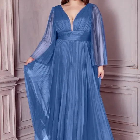 Plus size long sleeve chiffon pleated semi open back new long dress