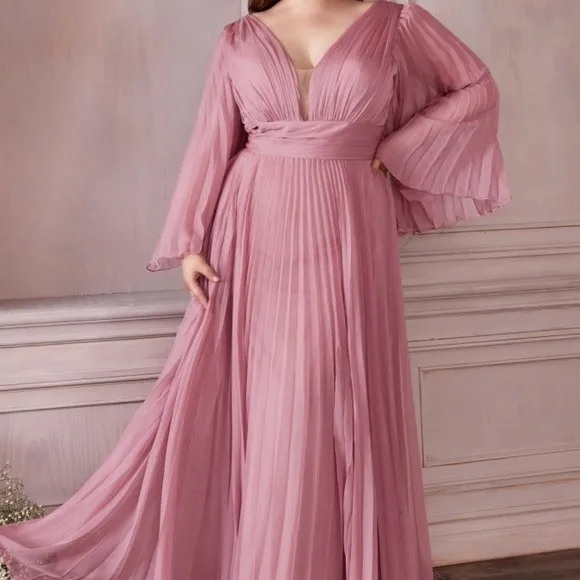 Plus size long sleeve chiffon pleated semi open back new long dress