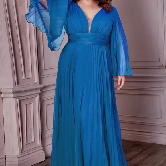 Plus size long sleeve chiffon pleated semi open back new long dress