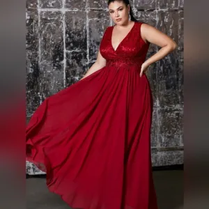 Plus size pink,red,blue new long sleeveless lace v neck dress