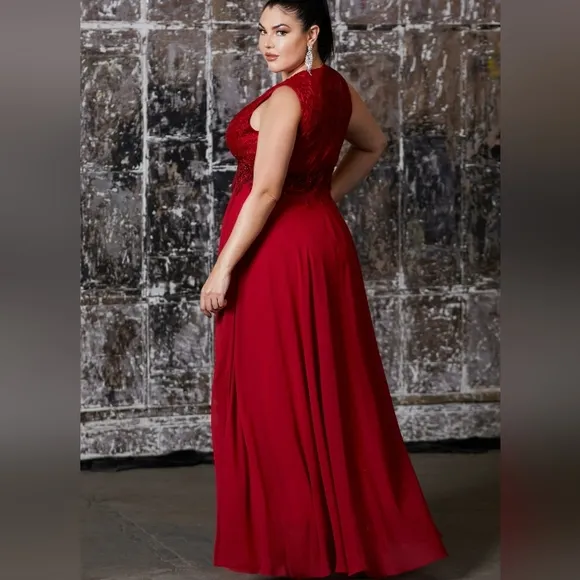 Plus size pink,red,blue new long sleeveless lace v neck dress