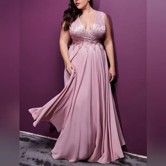 Plus size pink,red,blue new long sleeveless lace v neck dress