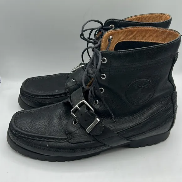 Polo Ralph Lauren Men's Black Genuine Leather Ranger Buckle Moto Boots Size 11
