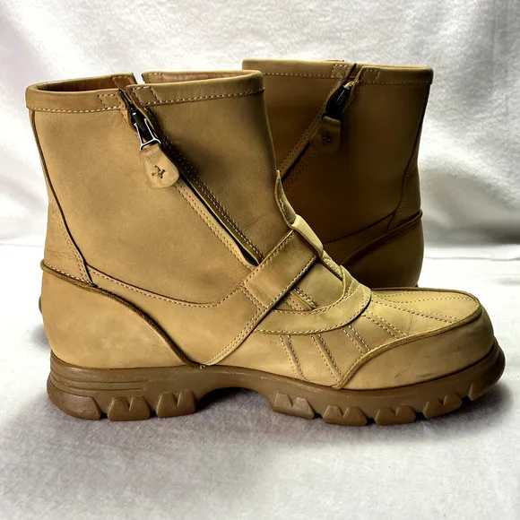 Polo Sport Ralph Lauren Boots Mens 10.5 Yellow Leather Buckle Double Zip VTG